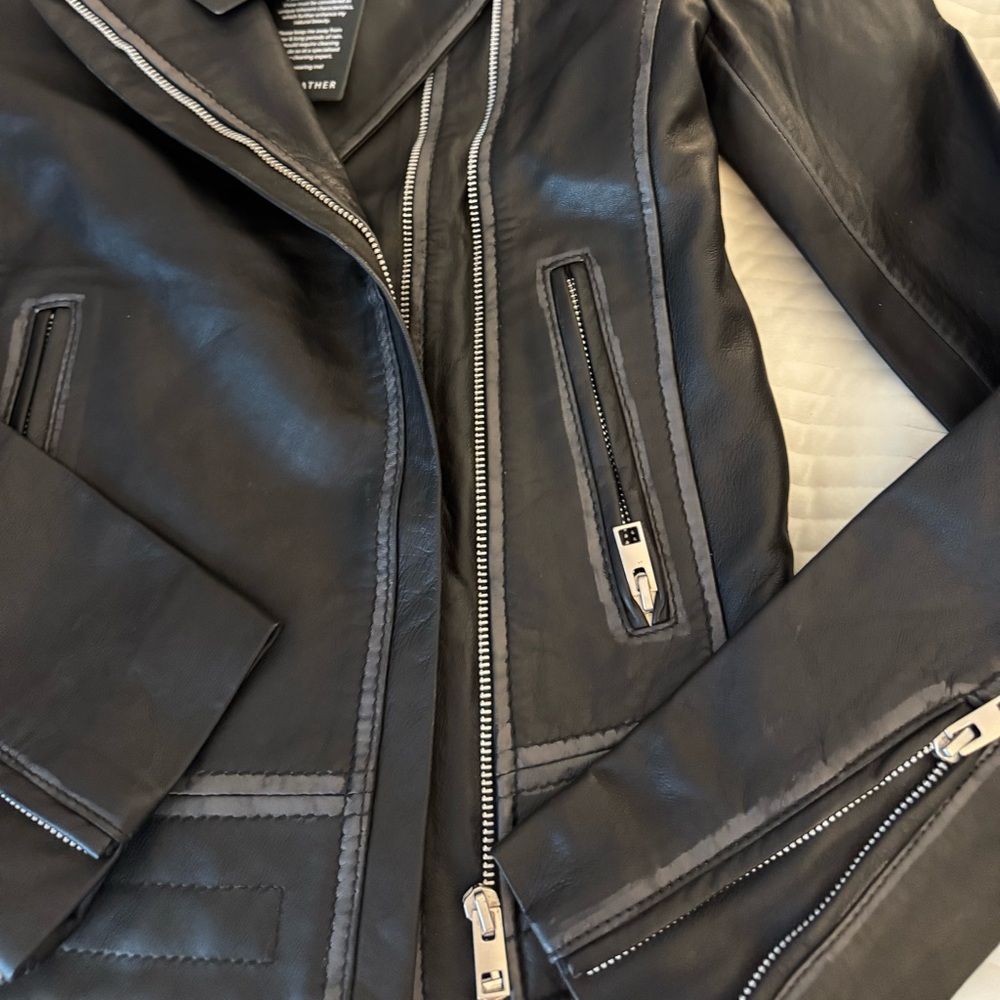 Barney’s Originals -Black Leather Moto Jacket with Silver Accents - Picture 3 of 4
